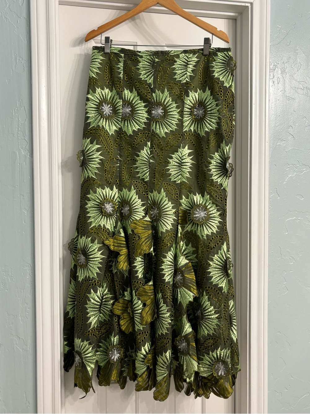 Green Floral Eyelet Maxi Skirt